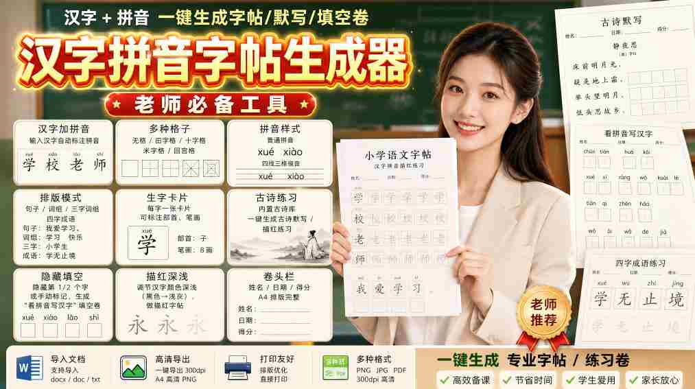 学习神器,汉字拼音字帖生成器,汉字+拼音 一键生成字帖/默写/填空卷,支持词组、成语,老师、家长必备-晓懂云创