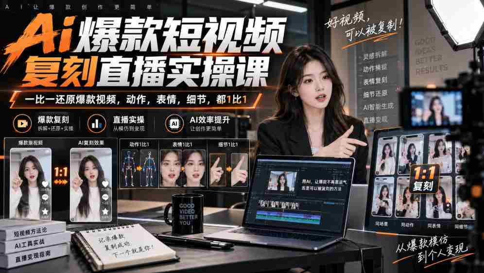 天诺老吴Ai爆款短视频复刻直播实操课,一比一还原爆款视频,动作,表情,细节,都1比1-晓懂云创