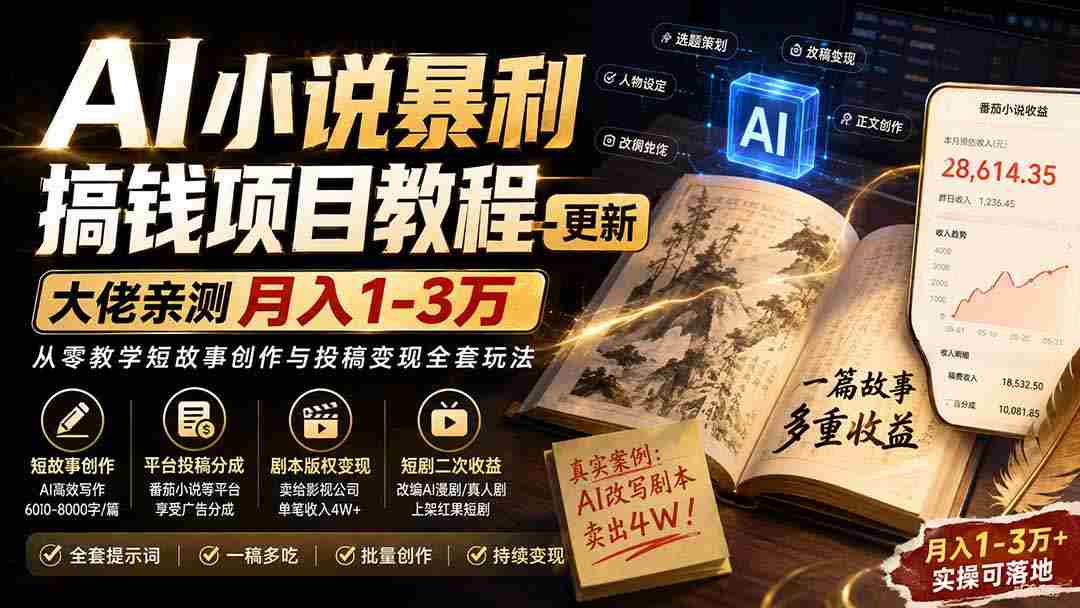 (20357期)AI小说短故事暴利搞钱项目教程-更新,大佬亲测月入1-3万,从零教学短故事创作与投稿变现全套玩法-晓懂云创