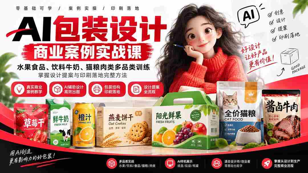 AI包装设计商业案例实战课：水果食品、饮料牛奶、猫粮肉类多品类训练，掌握设计提案与印刷落地完整方法-晓懂云创