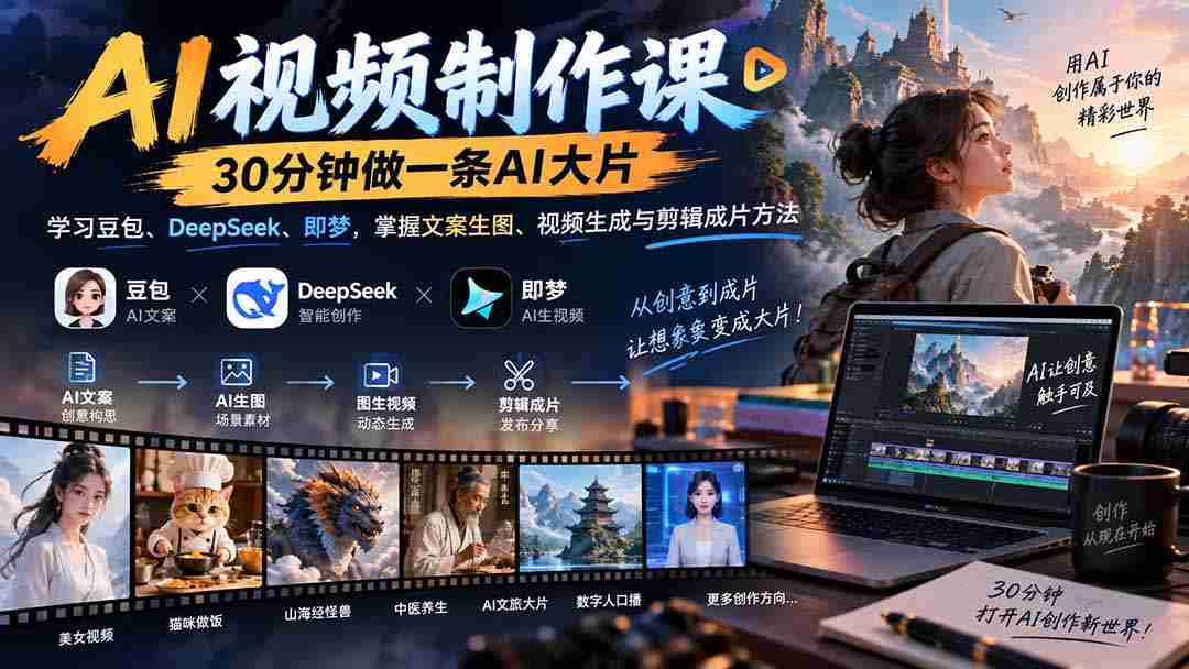 AI视频制作课-30分钟做一条AI大片:学习豆包、DeepSeek、即梦,掌握文案生图、视频生成与剪辑成片方法-晓懂云创
