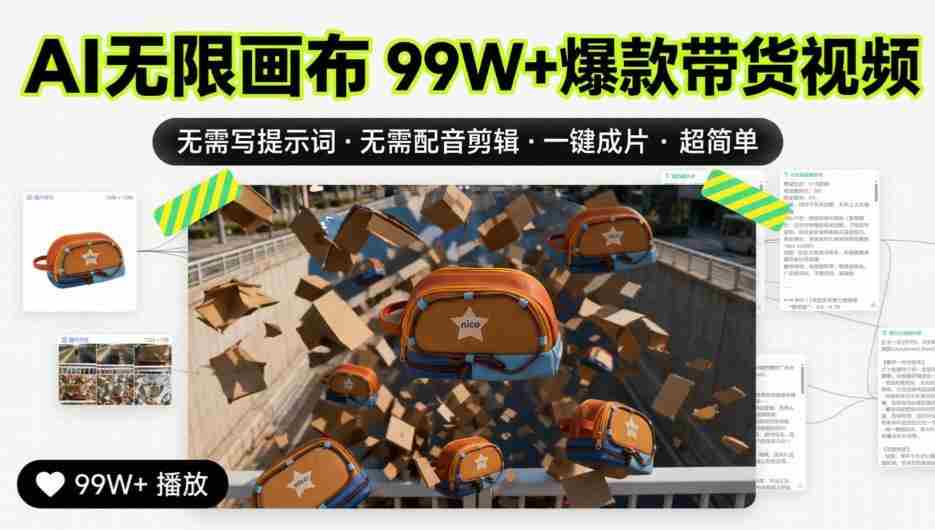 AI无限画布99W+爆款带货视频,无需写提示词·无需配音剪辑·一键成片·超简单-晓懂云创