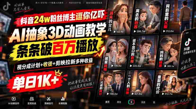抖音24w粉丝博主逗你亿吓AI抽象3D动画教学,条条破百万播放,分成计划+收徒+剪映拉新多种收益,单日1K+-晓懂云创