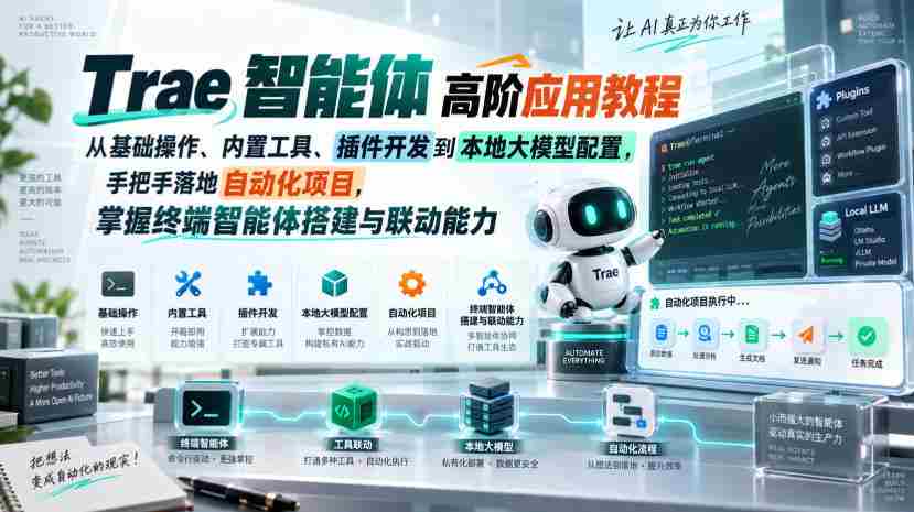 Trae智能体高阶应用教程，从基础操作、内置工具、插件开发到本地大模型配置，手把手落地自动化项目-晓懂云创