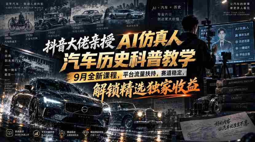 抖音大佬亲授AI仿真人汽车历史科普教学,9月全新课程,平台流量扶持,赛道稳定,解锁精选独家收益-晓懂云创