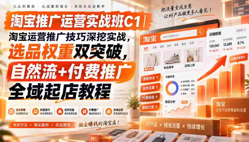 淘宝推广运营实战班C1｜淘宝运营推广技巧深挖实战，选品权重双突破，自然流+付费推广全域起店教程-晓懂云创