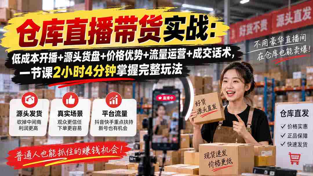 仓库直播带货实战:低成本开播+源头货盘+价格优势+流量运营+成交话术,一节课2小时4分钟掌握完整玩法-晓懂云创