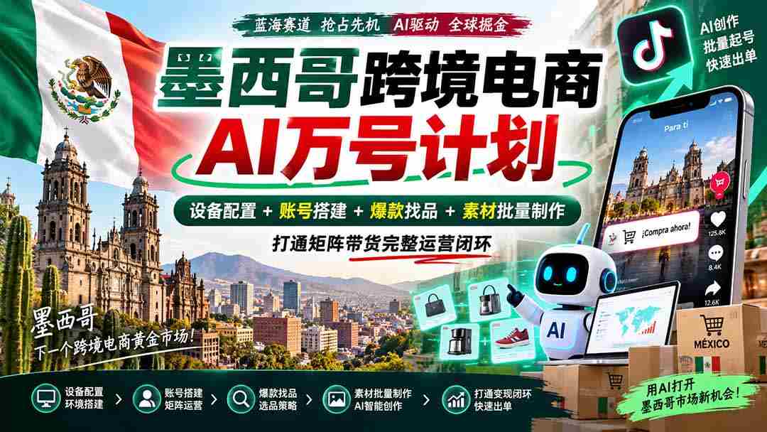 墨西哥AI跨境电商万号战略:全链路配置设备,构建账号,挖掘爆款,批量生成素材,实现矩阵带货全面运营-晓懂云创