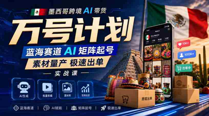 墨西哥跨境AI带货万号计划,蓝海赛道AI矩阵起号,素材量产极速出单实战课-晓懂云创