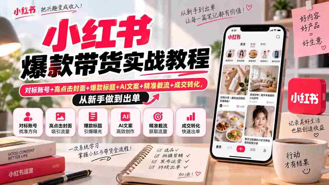 小红书爆款带货实战教程|对标账号+高点击封面+爆款标题+AI文案+精准截流+成交转化,从新手做到出单-晓懂云创