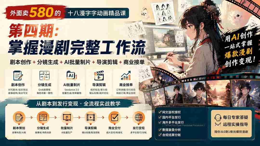 外面卖580的十八漫字字动画精品课-第四期-更新:剧本创作+分镜生成+AI批量制片+导演剪辑+商业接单,漫剧完整工作流-晓懂云创
