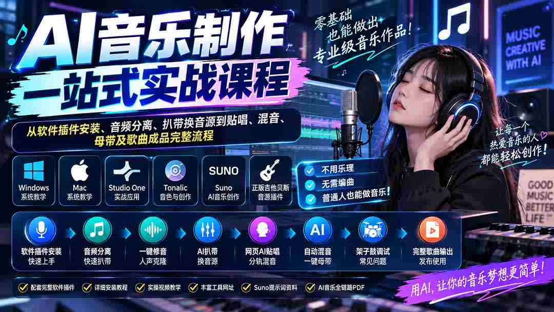 AI音乐制作一站式实战课程:从软件插件安装、音频分离、扒带换音源到贴唱、混音、母带及歌曲成品完整流程-晓懂云创