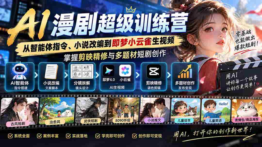 AI漫剧超级特训营:从智能体指令、小说改编到即梦小云雀生视频,掌握剪映精修与多题材短剧创作-晓懂云创