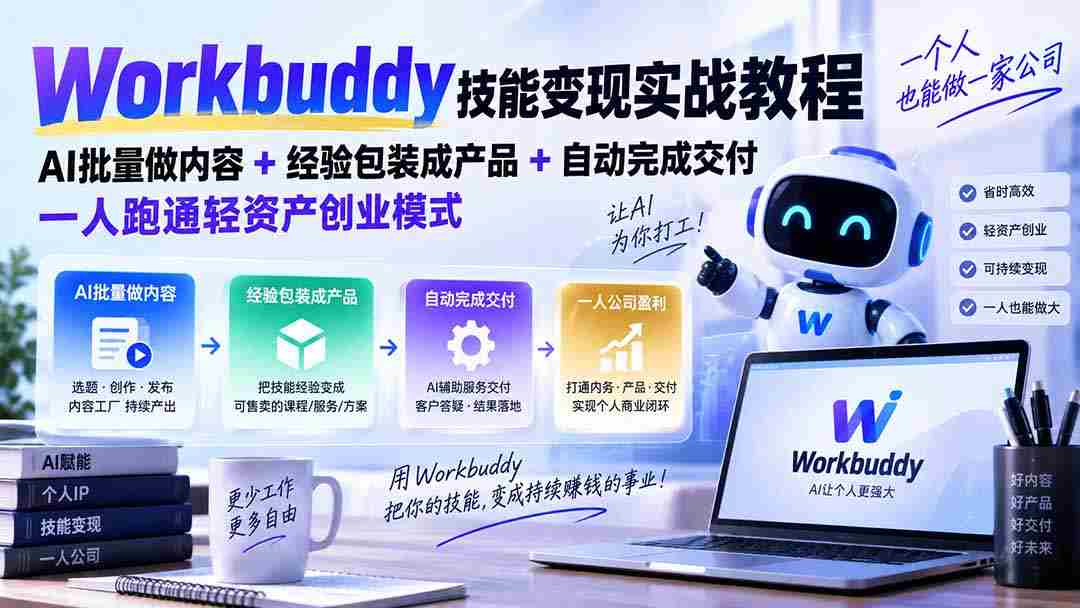 Workbuddy技能变现实战教程:AI批量做内容+经验包装成产品+自动完成交付,一人跑通轻资产创业模式-晓懂云创