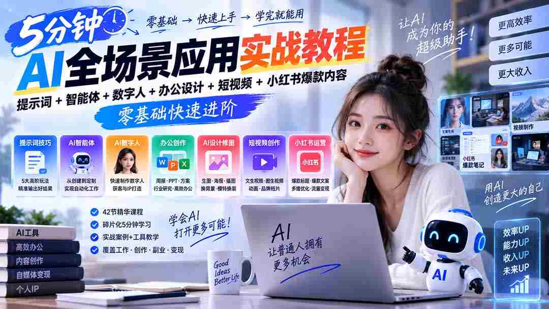 AI全场景应用实战教程|提示词+智能体+数字人+办公设计+短视频+小红书爆款内容,零基础快速进阶-晓懂云创