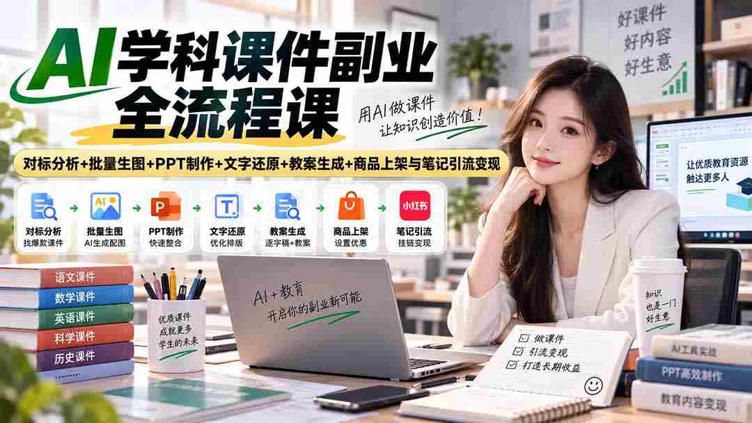 AI学科课件副业全流程课｜对标分析+批量生图+PPT制作+文字还原+教案生成+商品上架与笔记引流变现-晓懂云创